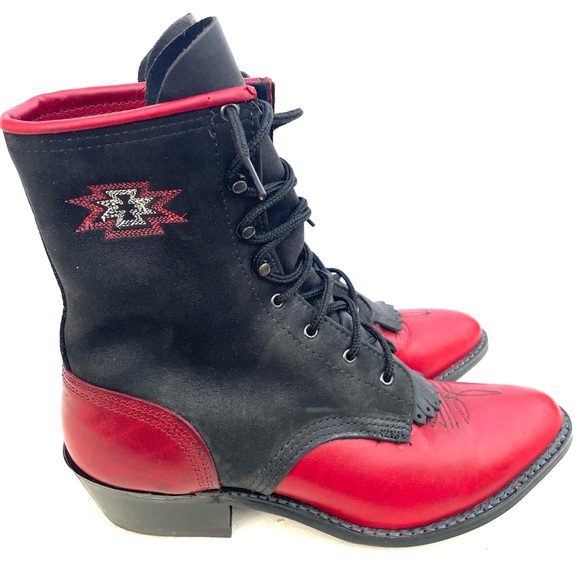 Abilene Leather Lace Up Western Packer Kiltie Boots Women’s Size 9.5 M Red Black - Picture 9 of 14